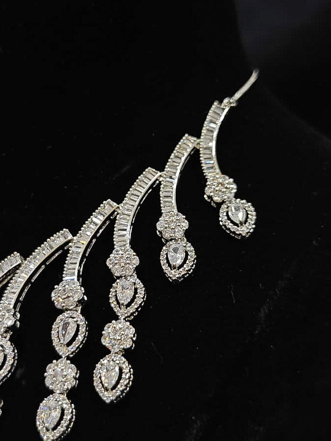 An exquisite artificial diamond necklace and matching earrings, designed for the perfect engagement look. This stunning artificial diamond jewelry set offers luxury and sophistication while being an affordable alternative to natural diamonds.