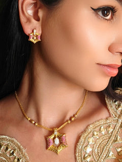 Close-up of a woman wearing an ornate Indo-Western (Gold Polish) Jewellery Set and Earrings with American Diamond and Pink Colored Stones. Festive Diwali outfit paired with high-quality artificial Colored Stone jewelry. Indo-western outfit styled with modern artificial Colored Stone jewelry.
