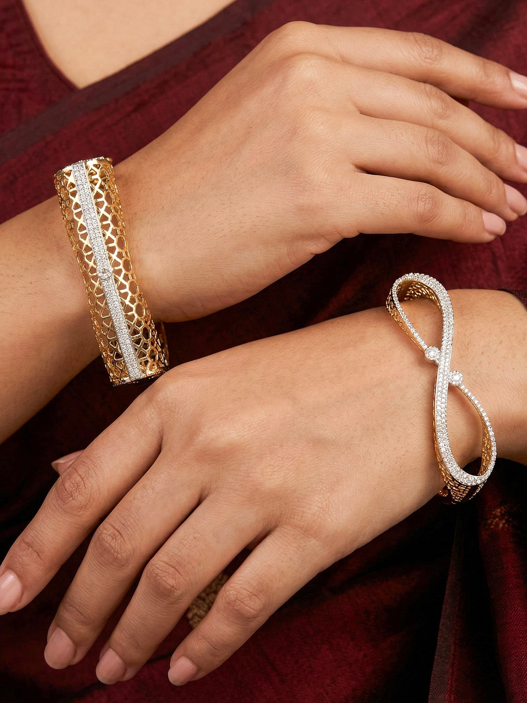 Close-up of a woman wearing an ornate Indo-western Diamond Gold Bangles with American Diamond, Filigree Work and Infinity Design. Wedding guest look completed with lightweight American Diamond artificial bangles. Perfect American Diamond necklace set for weddings and festivals.