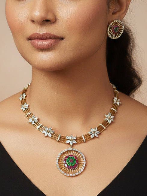 Close-up of a model in luxurious artificial diamond jewelry featuring a designer diamond hasli necklace with red and green colored stone and earrings set, crafted for bridal fashion and high-end weddings. This beautiful diamond jewelry set offers the brilliance of real diamonds at an affordable price.