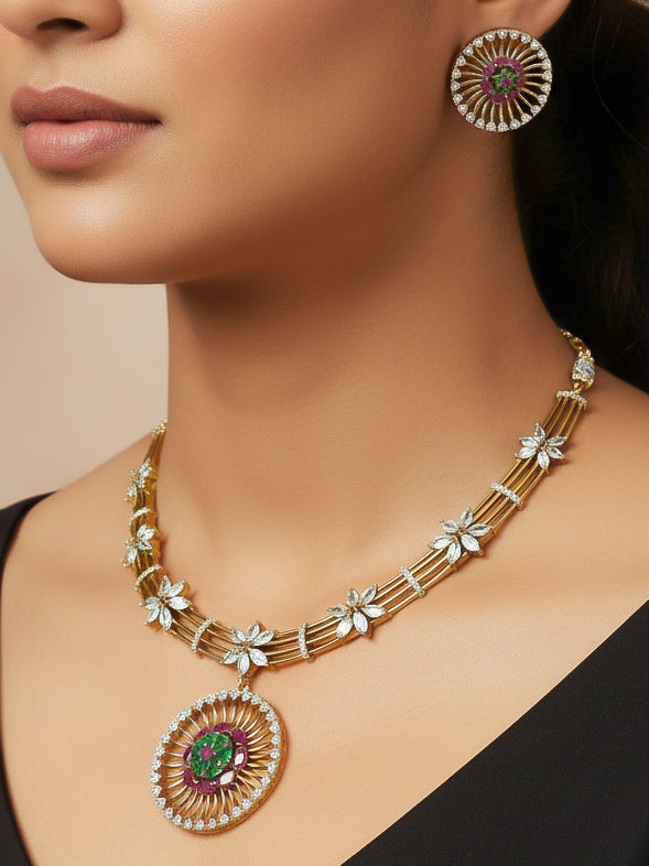 Close-up of a woman wearing a stunning affordable artificial diamond hasli necklace with red and green colored stone and matching earrings set, perfect for wedding guests and formal events. This luxury artificial diamond jewelry provides the brilliance of real diamonds at a fraction of the cost.