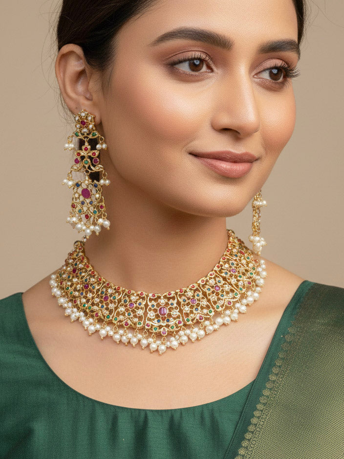 Surajmukhi Navratan Jadau Necklace Set