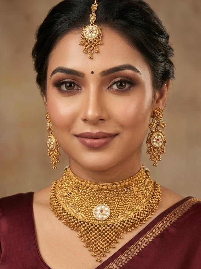 Close-up of a women wearing an ornate traditional (gold Polish) Choker jewellery set and earrings and maangtikka with Polki, Pink Colored Stone. A luxury artificial jewelry set styled for an Indian wedding celebration. Bride showcasing a premium imitation jewelry set for her reception look.