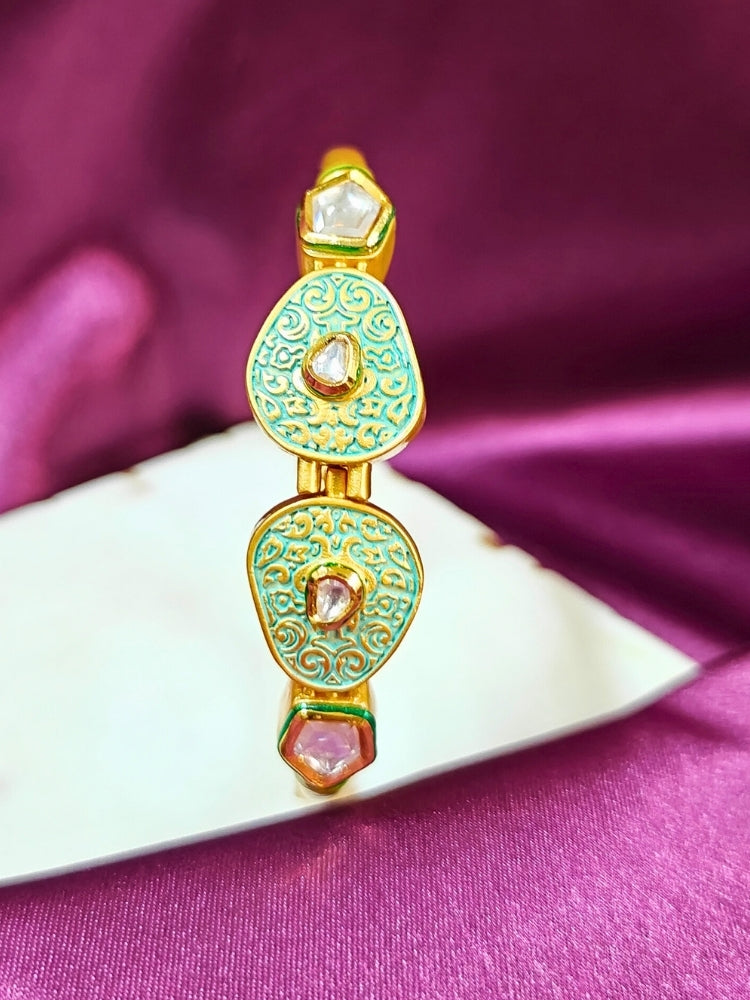 Close-up of an ornate traditional Mint Green Meenakari Bracelet with Meenakari, Kundan and Matt Finish. Festive outfit paired with a premium imitation Meenakari bracelet in India. Festive Diwali look enhanced with an imitation Meenakari bracelet.