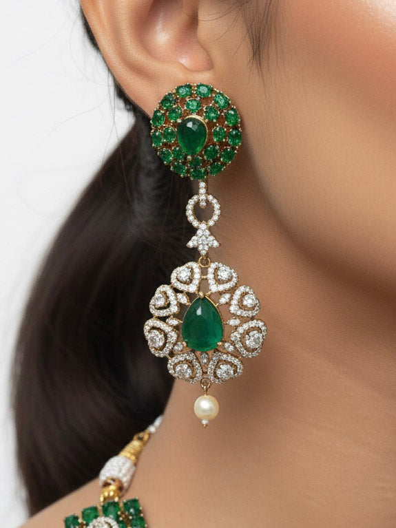 "A stunning woman wearing a glamorous artificial diamond, pota stone and green colored stone  necklace paired with chic earrings, perfect for bridal wear. This high-quality artificial diamond jewelry set is the ideal choice for modern brides looking for a budget-friendly option with timeless sparkle."