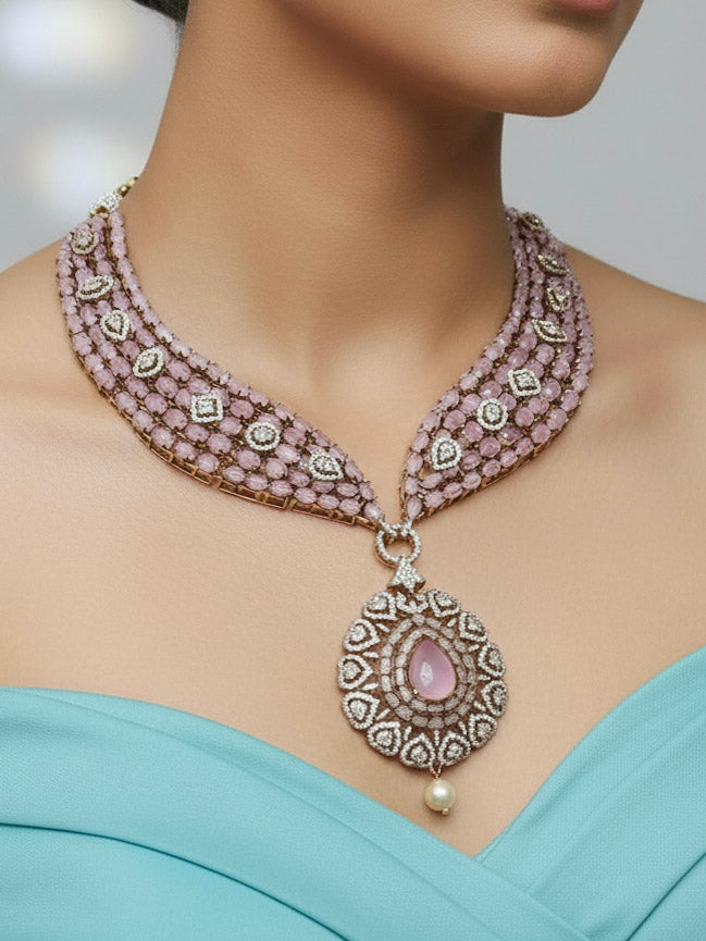 "A close-up shot of a bride wearing a stunning artificial diamond, pota stone and mint pink colored stone necklace with matching earrings, designed to complement bridal attire. This affordable diamond necklace set is perfect for brides seeking luxurious but cost-effective wedding jewelry in India."
