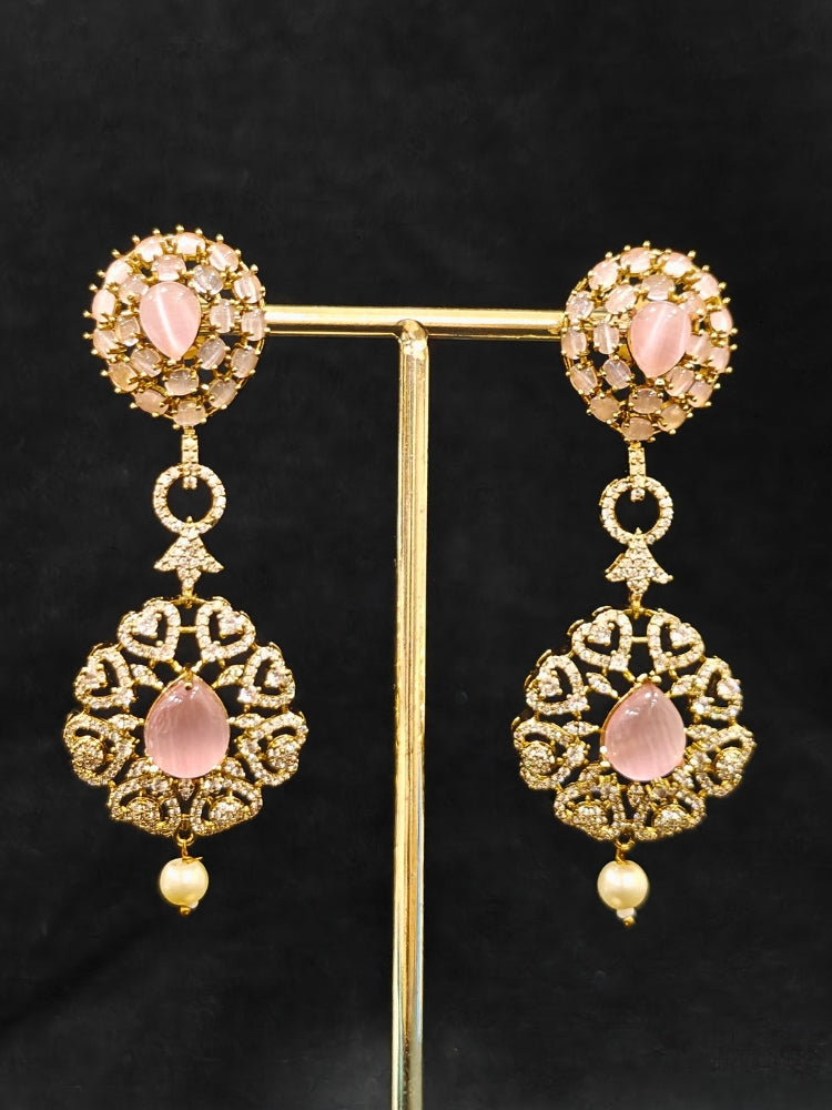 An exquisite artificial diamond, pota stone and mint pink colored stone necklace and matching earrings, designed for the perfect engagement look. This stunning artificial diamond jewelry set offers luxury and sophistication while being an affordable alternative to natural diamonds.