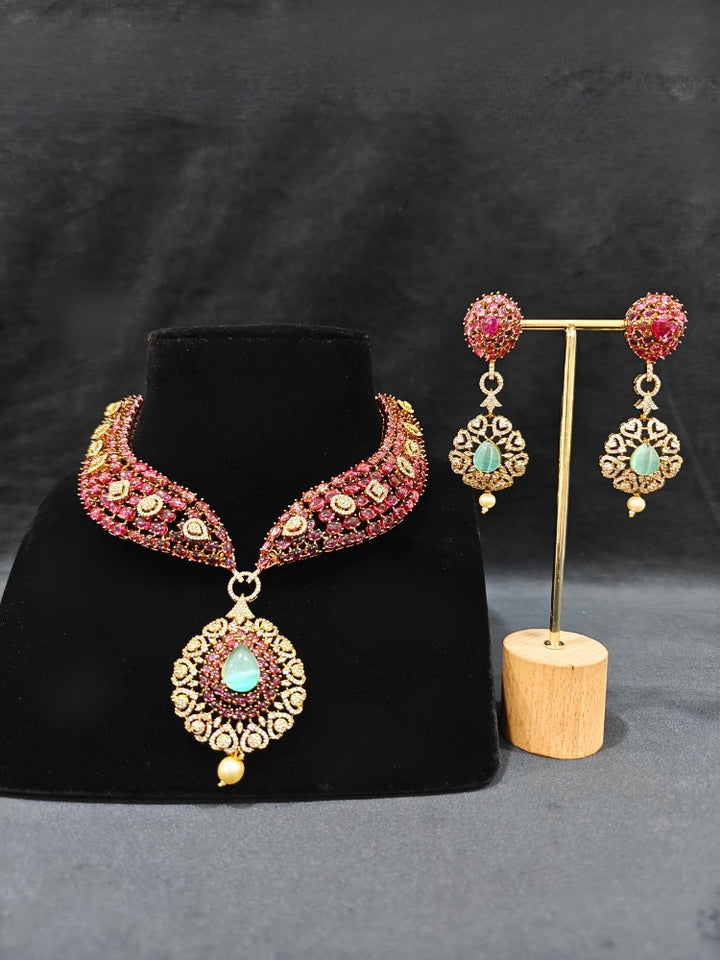A glamorous artificial diamond and pota stone necklace paired with chic earrings, perfect for bridal wear. This high-quality artificial diamond jewelry set. Elegant wedding jewelry look featuring a premium artificial American diamond necklace. Close-up shot of a high-quality American diamond artificial necklace worn for festive celebrations.