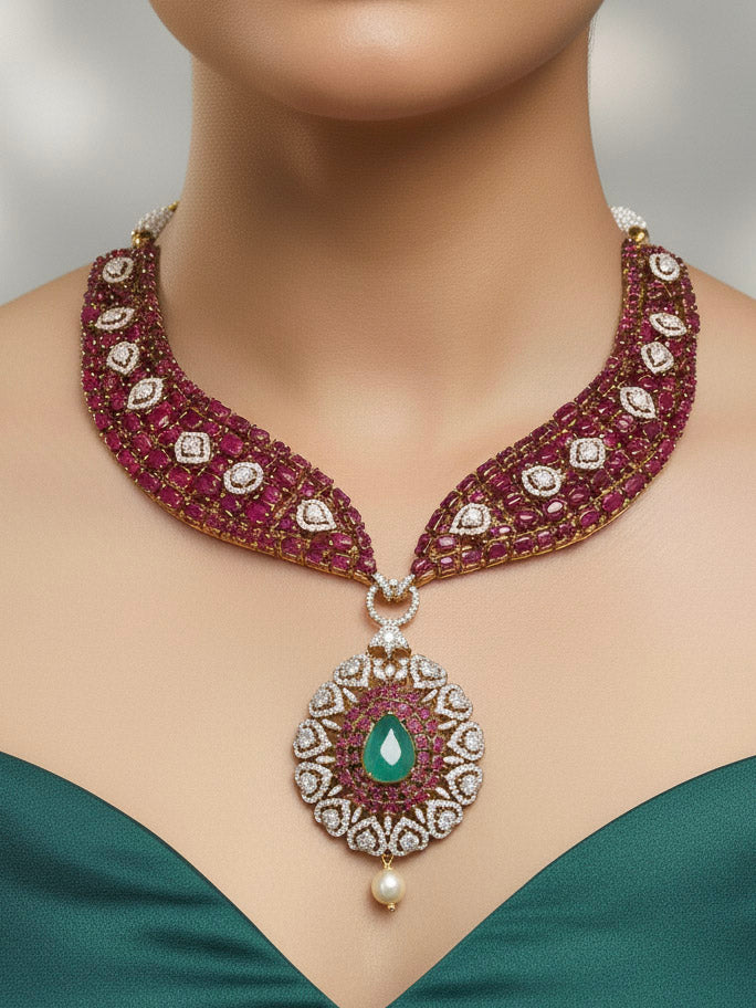 "Close-up of a woman wearing a sparkling artificial diamond and pota stone necklace and diamond earrings set, designed to offer a radiant, elegant look for any formal occasion or Indian wedding. This affordable diamond jewelry provides a flawless, luxurious alternative to natural diamon