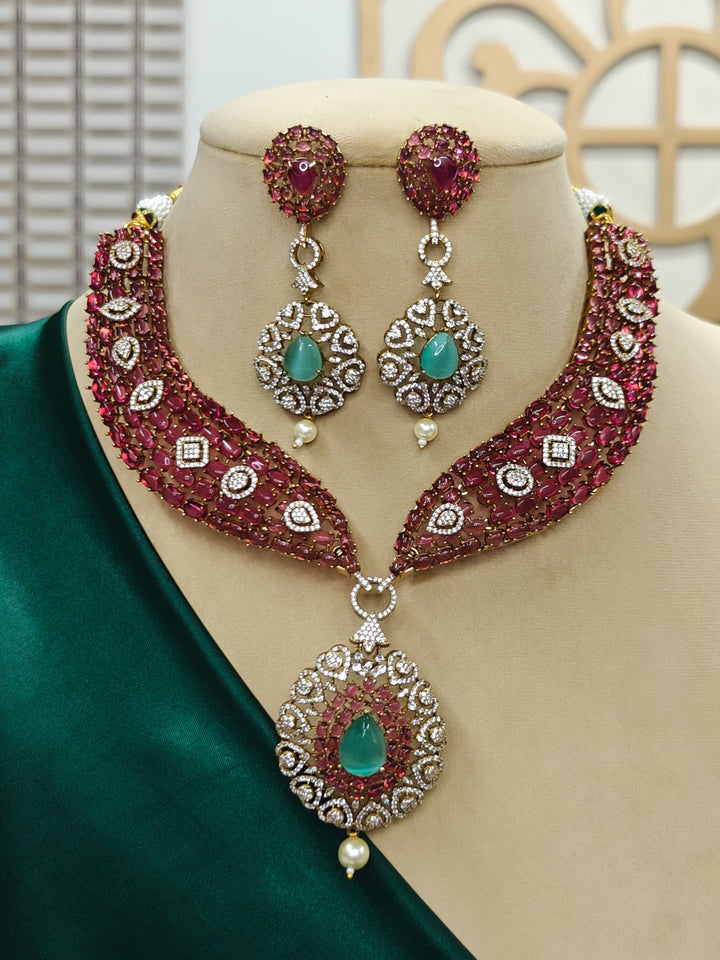 "A woman showcasing a beautiful artificial diamond and pota stone necklace and earrings set, ideal for festivals, family gatherings, and special celebrations in India. This elegant diamond jewelry provides the perfect blend of sparkle and tradition, with a modern twist."
