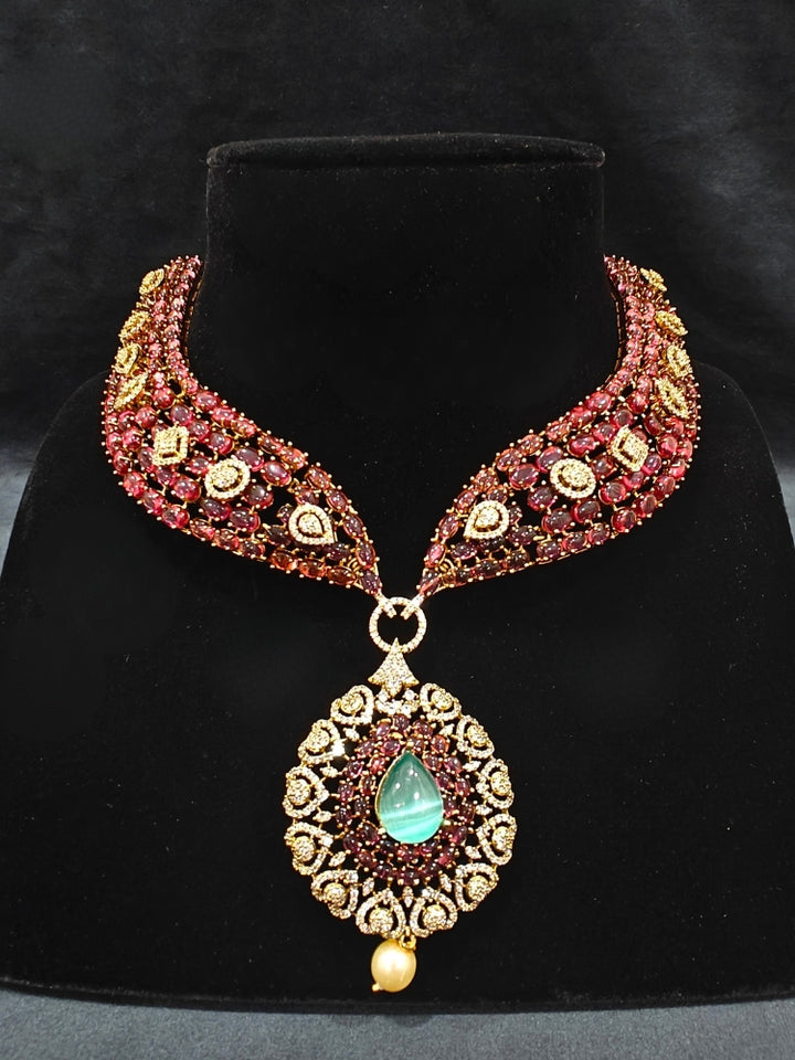 A glamorous artificial diamond and pota stone necklace paired with chic earrings, perfect for bridal wear. This high-quality artificial diamond jewelry set. Elegant wedding jewelry look featuring a premium artificial American diamond necklace. Close-up shot of a high-quality American diamond artificial necklace worn for festive celebrations.