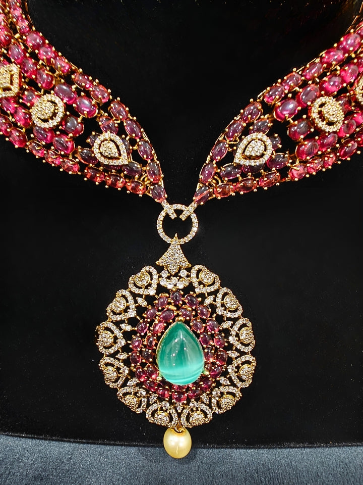 A glamorous artificial diamond and pota stone necklace paired with chic earrings, perfect for bridal wear. This high-quality artificial diamond jewelry set. Elegant wedding jewelry look featuring a premium artificial American diamond necklace. Close-up shot of a high-quality American diamond artificial necklace worn for festive celebrations.