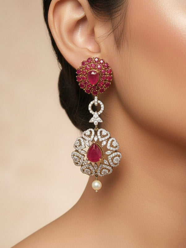 "A woman in a traditional saree, wearing a gorgeous artificial diamond and pota stone necklace paired with diamond earrings. This artificial diamond jewelry set offers a traditional yet modern touch for Indian brides, designed to add elegance and sophistication to any occasion."
