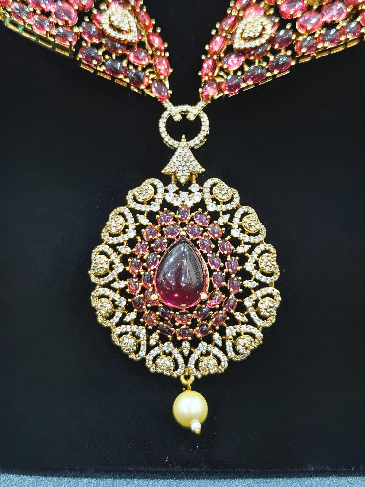 A luxurious artificial diamond and pota stone necklace with matching earrings, perfect for high-profile wedding receptions and formal galas. This high-end artificial diamond jewelry set combines style, elegance, and affordability for special occasions.