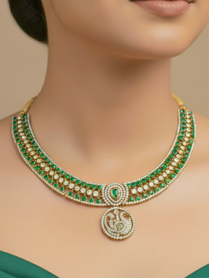 "A woman showcasing a beautiful artificial diamond and green colored stone necklace and earrings set, ideal for festivals, family gatherings, and special celebrations in India. This elegant diamond jewelry provides the perfect blend of sparkle and tradition, with a modern twist."