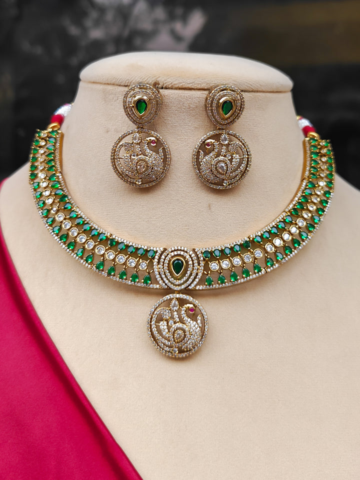 "Elegant woman wearing a luxurious artificial diamond and green colored stone  necklace with matching earrings, perfect for high-profile wedding receptions and formal galas. This high-end artificial diamond jewelry set combines style, elegance, and affordability for special occasions."
