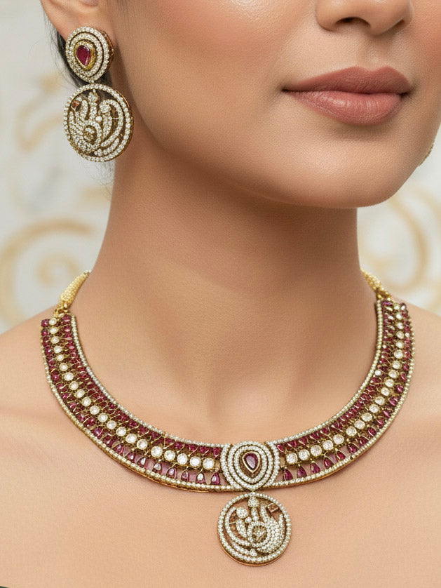 "Elegant woman wearing a luxurious artificial diamond and red colored stone necklace with matching earrings, perfect for high-profile wedding receptions and formal galas. This high-end artificial diamond jewelry set combines style, elegance, and affordability for special occasions."
