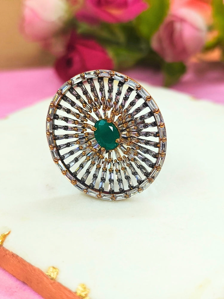 Close-up of an ornate Indo-Western (Black Polish Victorian Finish) Green Diamond Ring with American Diamond and Colored Stones. Close-up of a cocktail party look featuring a premium American diamond Ring. Close-up shot of a high-quality American diamond artificial Ring worn for festive celebrations.