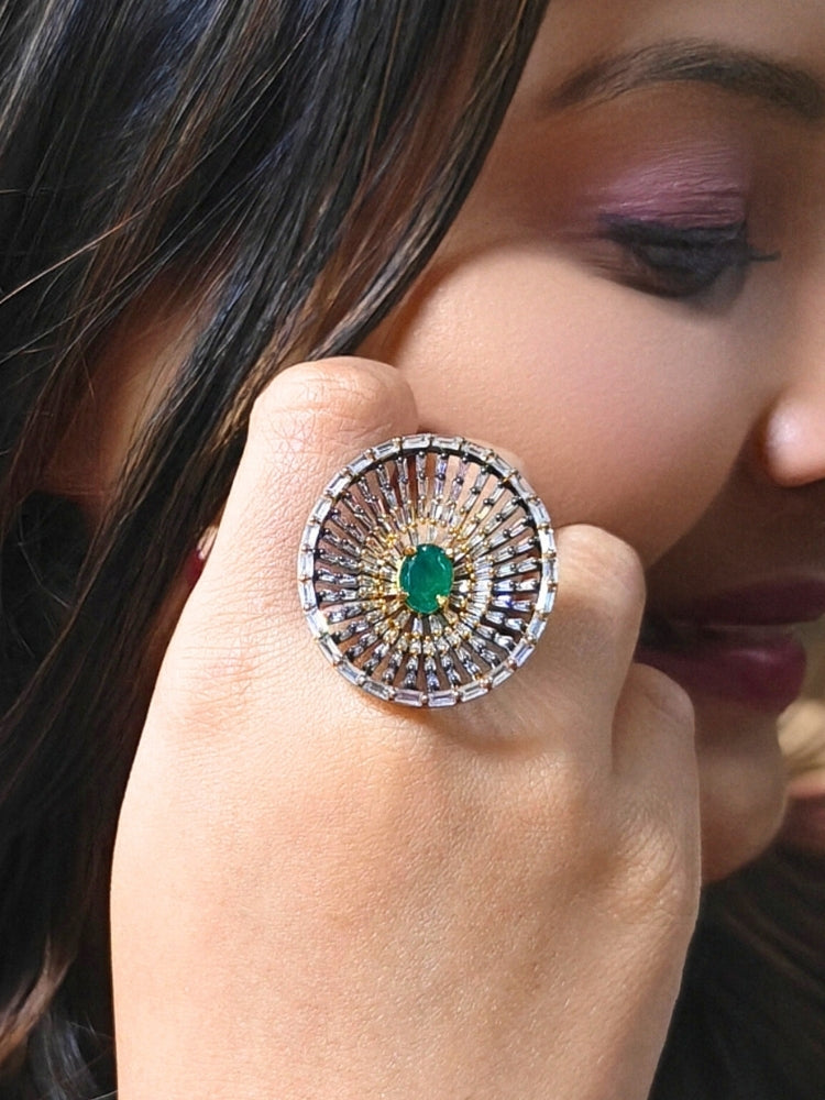 Close-up of a woman wearing an ornate Indo-Western (Black Polish Victorian Finish) Green Diamond Ring with American Diamond and Colored Stones. Close-up of a cocktail party look featuring a premium American diamond Ring. Close-up shot of a high-quality American diamond artificial Ring worn for festive celebrations.