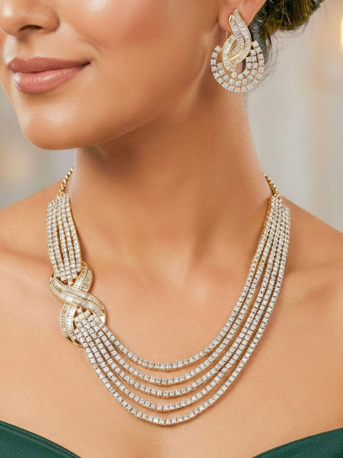 "Close-up of a woman wearing a sparkling artificial diamond necklace and diamond earrings set, designed to offer a radiant, elegant look for any formal occasion or Indian wedding. This affordable diamond jewelry provides a flawless, luxurious alternative to natural diamonds."
