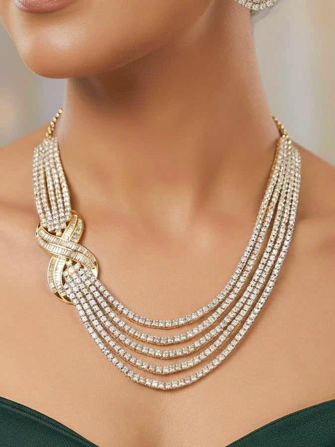 "Close-up of a woman wearing a stunning affordable artificial diamond necklace and matching earrings set, perfect for wedding guests and formal events. This luxury artificial diamond jewelry provides the brilliance of real diamonds at a fraction of the cost."
