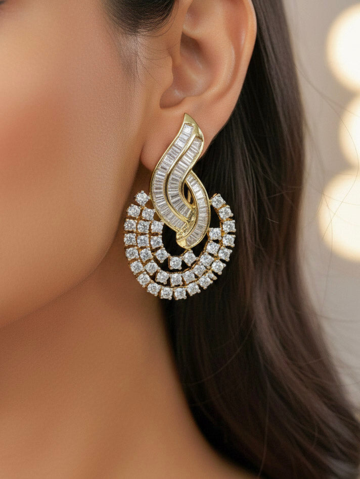 "A woman showcasing a beautiful artificial diamond necklace and earrings set, ideal for festivals, family gatherings, and special celebrations in India. This elegant diamond jewelry provides the perfect blend of sparkle and tradition, with a modern twist."