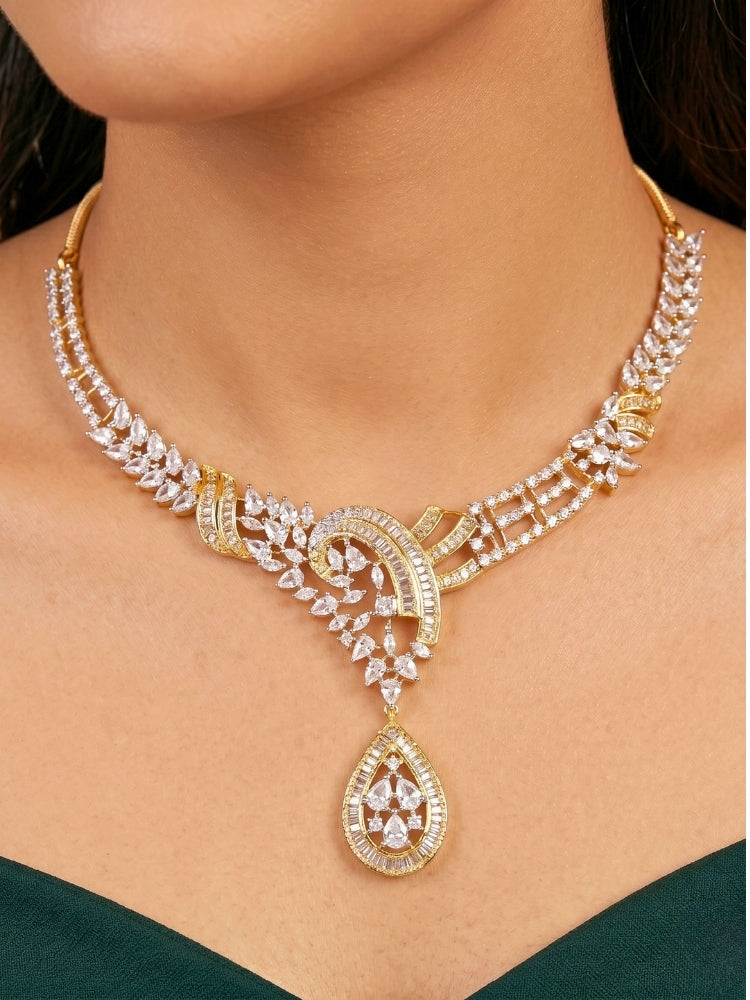 Close-up of a women wearing an ornate Western (Dual Tone) Gold & Silver Collar jewellery set and earrings with American Diamond. Party wear outfit completed with a lightweight American diamond necklace. Close-up of a cocktail party look featuring a premium American diamond necklace.