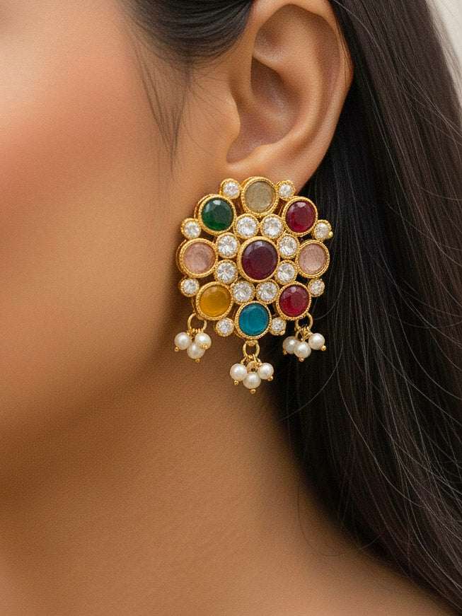 Close-up of a woman wearing an ornate traditional (Gold Polish) Choker jewellery set and earrings with American Damonds,  Multi-Colored Stones and Pearls. Mehendi ceremony look completed with a handcrafted Colored Stone jewelry set. Festive Diwali outfit paired with a colorful  Colored Stones necklace.