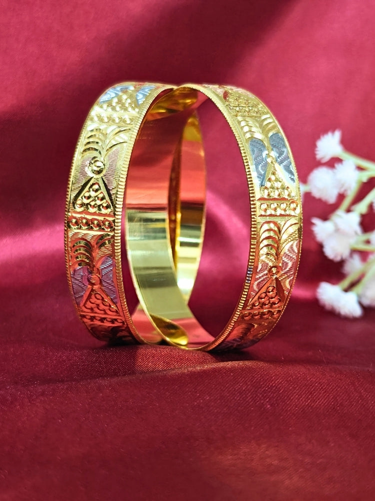 Close-up of an ornate traditional (Gold Polish) Bangles Set. It’s comfortable and lightweight enough for everyday wear, and it also looks absolutely beautiful and elegant. The design is stylish, the finish is impressive, and it feels really pleasant to wear all day.