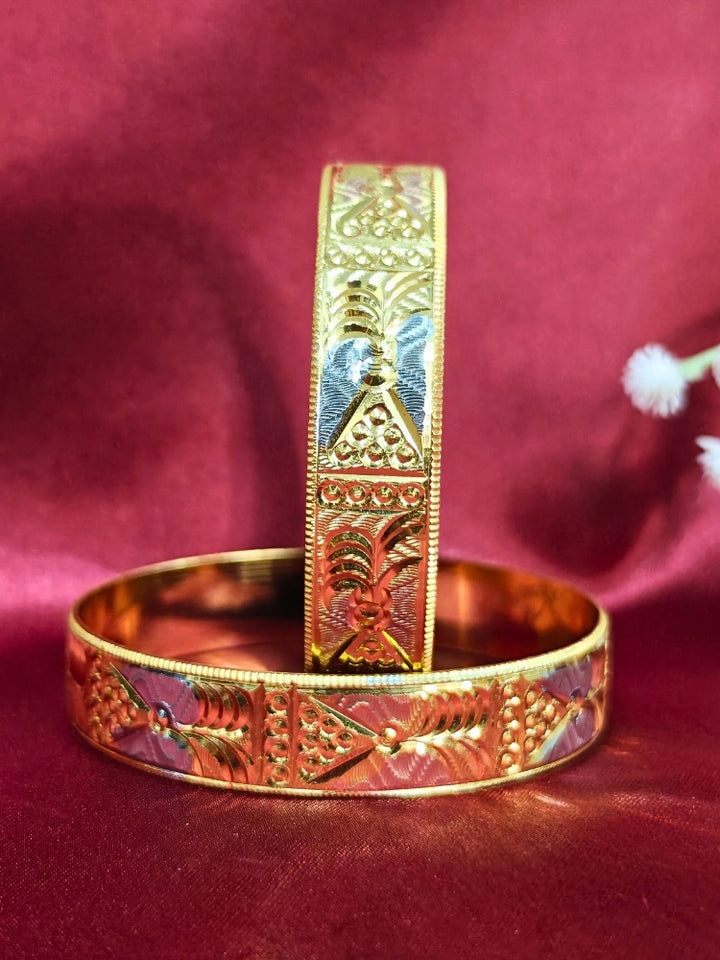 Close-up of an ornate traditional (Gold Polish) Bangles Set. It’s comfortable and lightweight enough for everyday wear, and it also looks absolutely beautiful and elegant. The design is stylish, the finish is impressive, and it feels really pleasant to wear all day.