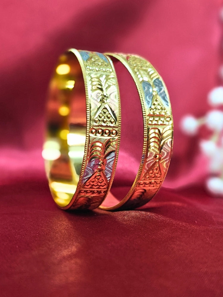 Close-up of an ornate traditional (Gold Polish) Bangles Set. It’s comfortable and lightweight enough for everyday wear, and it also looks absolutely beautiful and elegant. The design is stylish, the finish is impressive, and it feels really pleasant to wear all day.