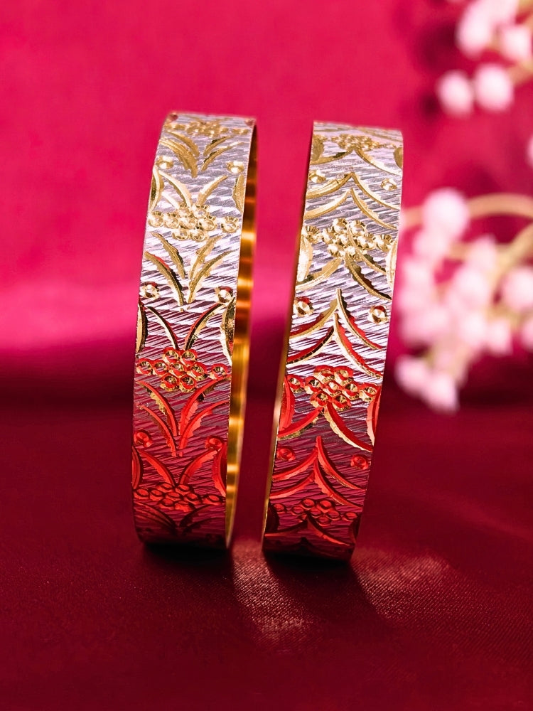 Close-up of an ornate traditional (Gold Polish) Gold & Silver Bangles Set. It’s comfortable and lightweight enough for everyday wear, and it also looks absolutely beautiful and elegant. The design is stylish, the finish is impressive, and it feels really pleasant to wear all day.