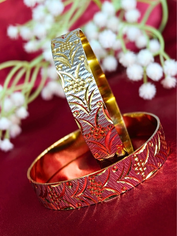 Close-up of an ornate traditional (Gold Polish) Gold & Silver Bangles Set. It’s comfortable and lightweight enough for everyday wear, and it also looks absolutely beautiful and elegant. The design is stylish, the finish is impressive, and it feels really pleasant to wear all day.