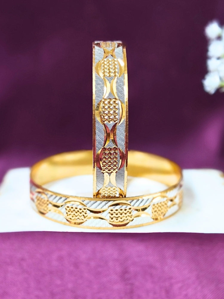 Close-up of an ornate traditional (Gold Polish) Gold & Silver Bangles Set. It’s comfortable and lightweight enough for everyday wear, and it also looks absolutely beautiful and elegant. The design is stylish, the finish is impressive, and it feels really pleasant to wear all day.