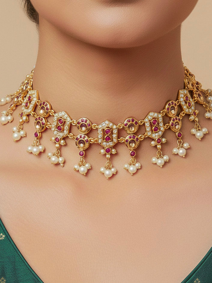 Close-up of an ornate traditional Ruby Pink jadau gold jewellery set and jadau earrings with Pearls and gemstones. Perfect Jadau necklace set for weddings and festivals. Mehendi function outfit styled with a lightweight Jadau necklace.