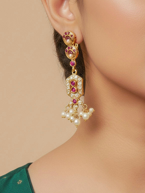 Close-up of a woman wearing an ornate traditional Ruby Pink jadau gold jewellery set and jadau earrings with beads and gemstones. Perfect Jadau necklace set for weddings and festivals. Mehendi function outfit styled with a lightweight Jadau necklace.