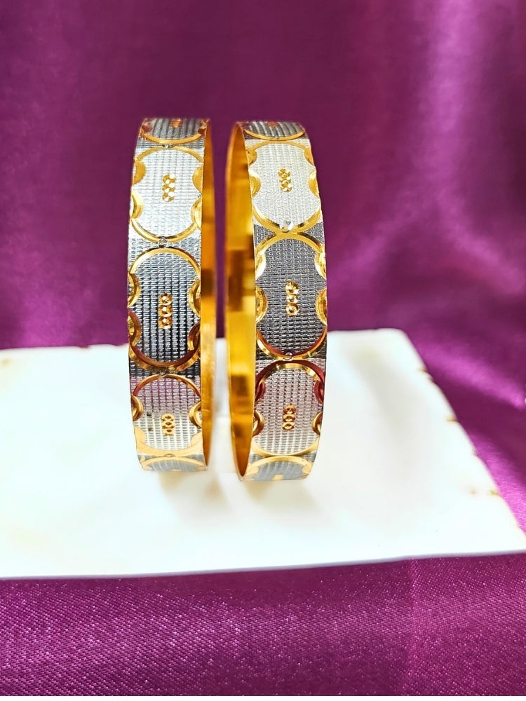 Close-up of an ornate traditional (Gold Polish) Grey & White Bangles Set. It’s comfortable and lightweight enough for everyday wear, and it also looks absolutely beautiful and elegant. The design is stylish, the finish is impressive, and it feels really pleasant to wear all day.