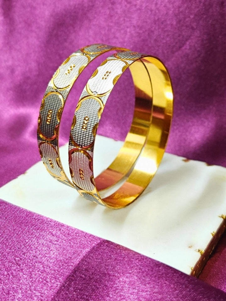 Close-up of an ornate traditional (Gold Polish) Grey & White Bangles Set. It’s comfortable and lightweight enough for everyday wear, and it also looks absolutely beautiful and elegant. The design is stylish, the finish is impressive, and it feels really pleasant to wear all day.