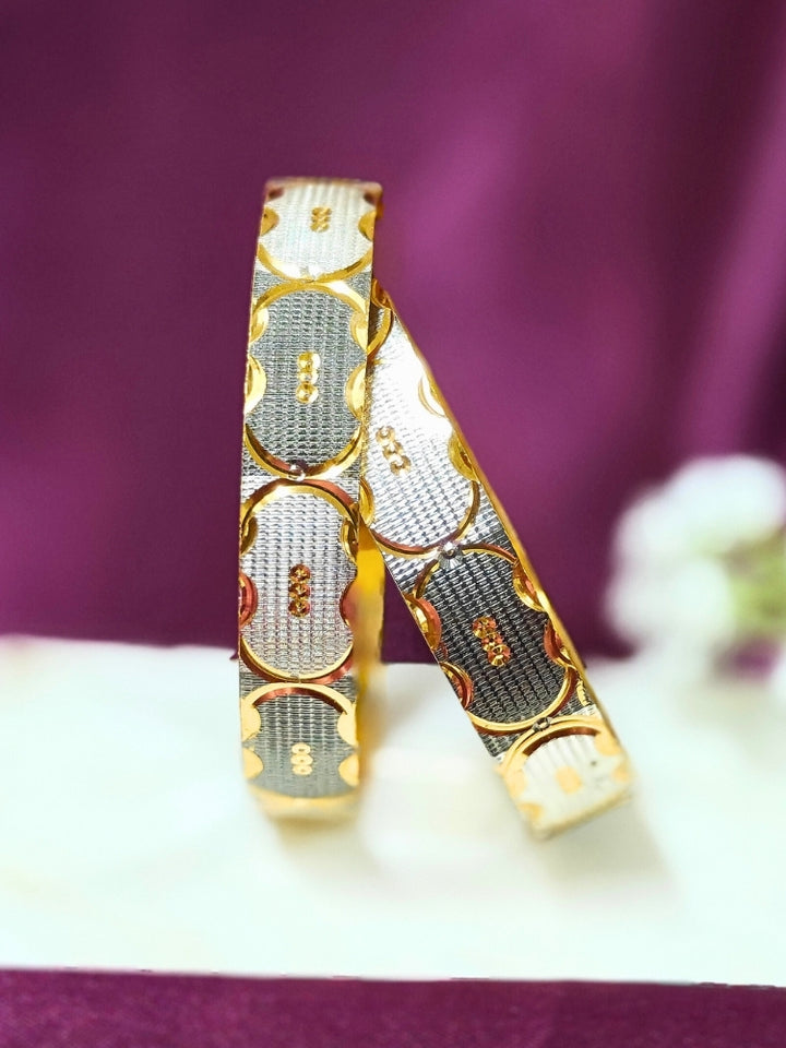 Close-up of an ornate traditional (Gold Polish) Grey & White Bangles Set. It’s comfortable and lightweight enough for everyday wear, and it also looks absolutely beautiful and elegant. The design is stylish, the finish is impressive, and it feels really pleasant to wear all day.