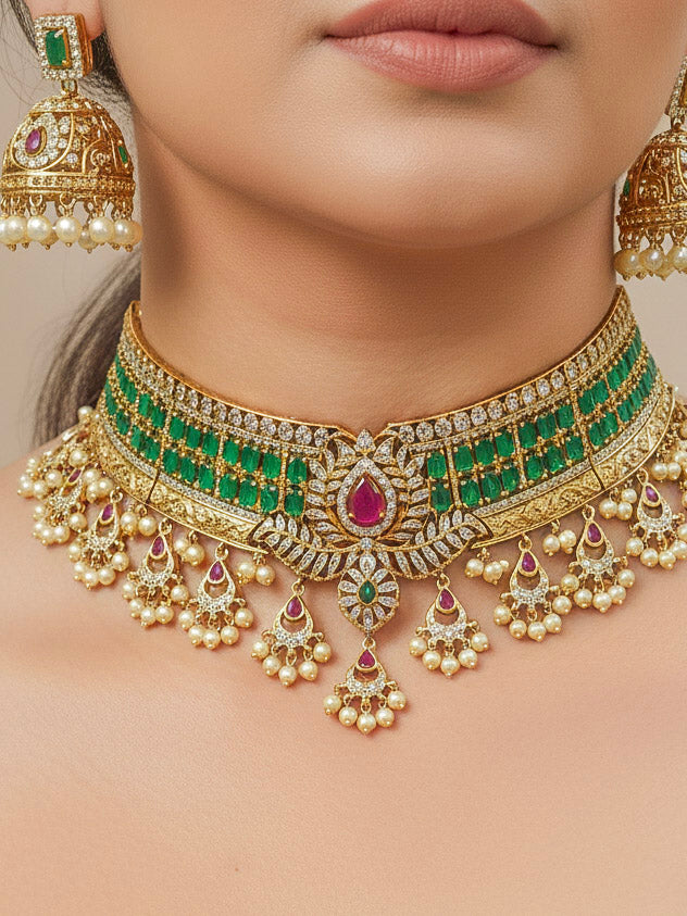 Close-up of a woman wearing an ornate traditional American Diamond gold Green Choker jewellery set and earrings with  Colored Stones, American Diamond and Pearls. Close-up shot of a high-quality American diamond artificial necklace worn for festive celebrations. Bride wearing a sparkling American diamond necklace for her reception night.