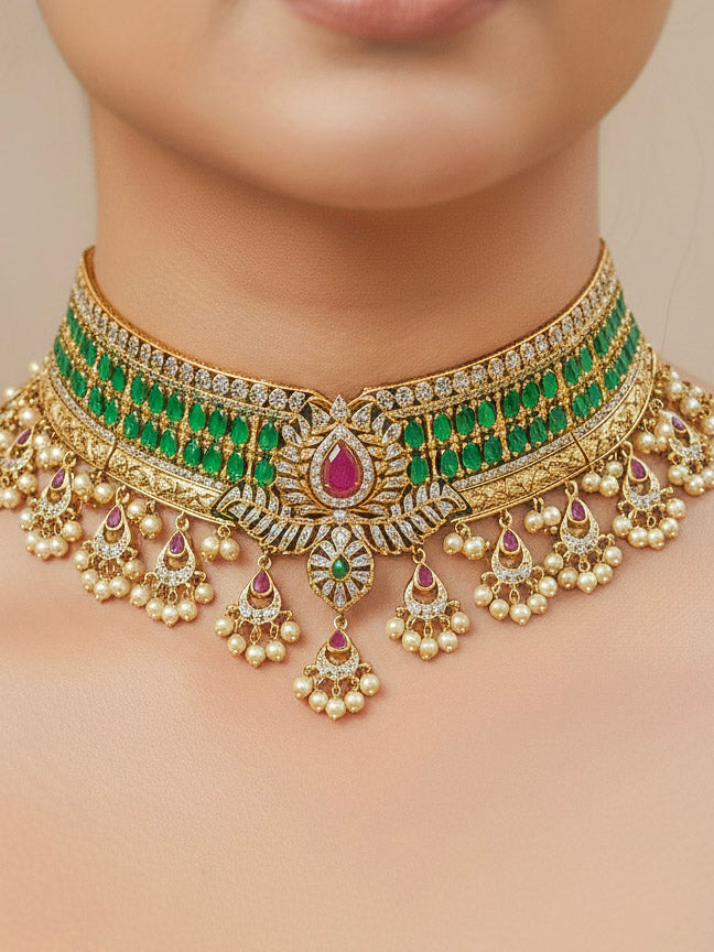 Close-up of a woman wearing an ornate traditional American Diamond gold Green Choker jewellery set and earrings with  Colored Stones, American Diamond and Pearls. Close-up shot of a high-quality American diamond artificial necklace worn for festive celebrations. Bride wearing a sparkling American diamond necklace for her reception night.