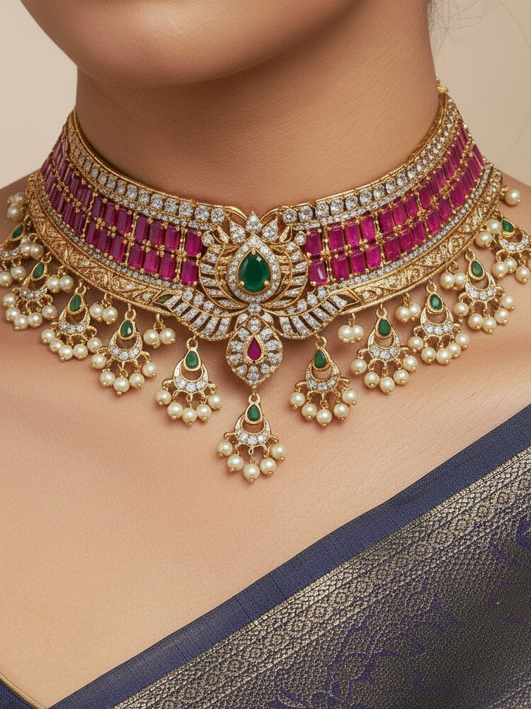 Close-up of a woman wearing an ornate traditional American Diamond gold Pink Choker jewellery set and earrings with  Colored Stones, American Diamond and Pearls. Close-up shot of a high-quality American diamond artificial necklace worn for festive celebrations. Bride wearing a sparkling American diamond necklace for her reception night.
