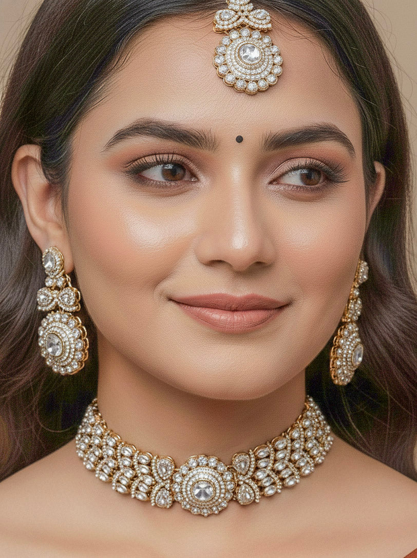 Close-up of a woman wearing an ornate traditional White Diamond gold Polish Choker jewellery set and earrings and maangtikka with American Diamond. A woman wearing a luxury American diamond necklace set styled beautifully for a wedding guest look in India. Mehendi function outfit styled with a lightweight American Diamond Necklace.