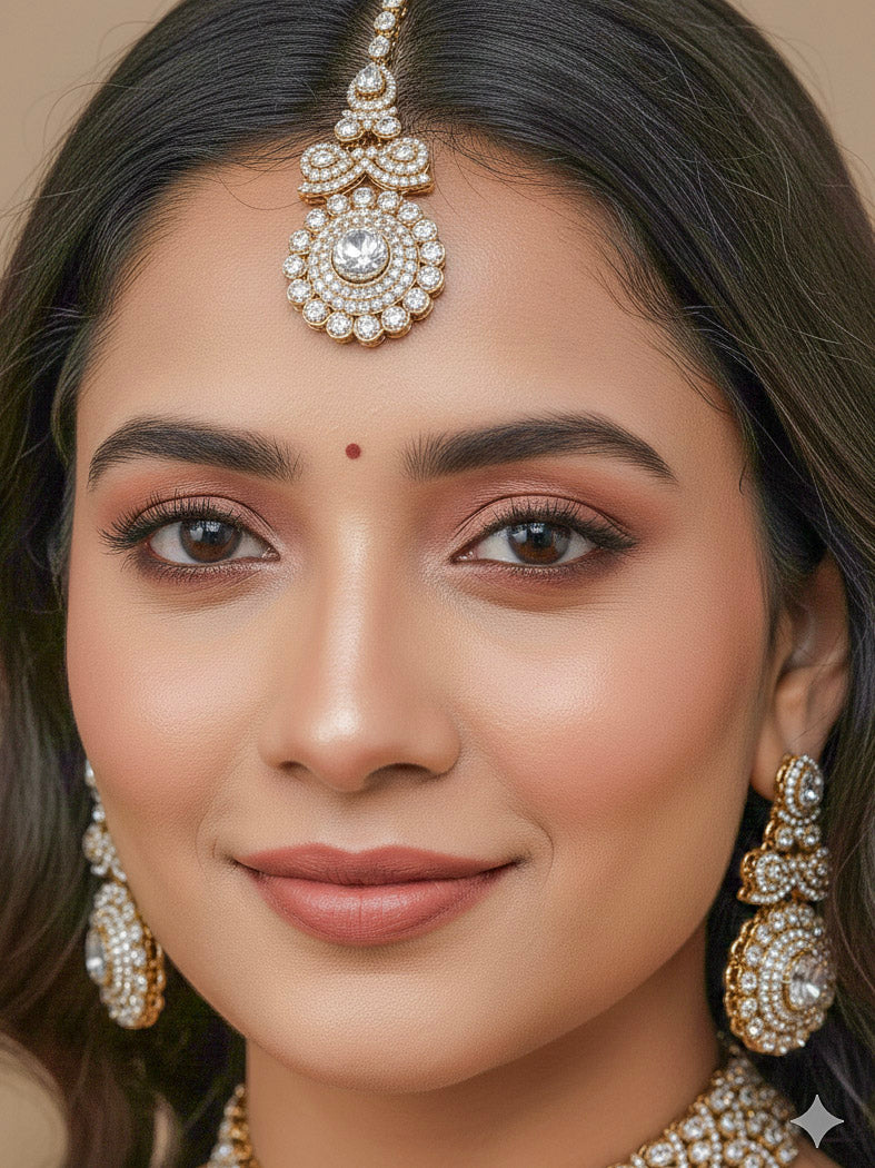 Close-up of a woman wearing an ornate traditional White Diamond gold Polish Choker jewellery set and earrings and maangtikka with American Diamond. A woman wearing a luxury American diamond necklace set styled beautifully for a wedding guest look in India. Mehendi function outfit styled with a lightweight American Diamond Necklace.