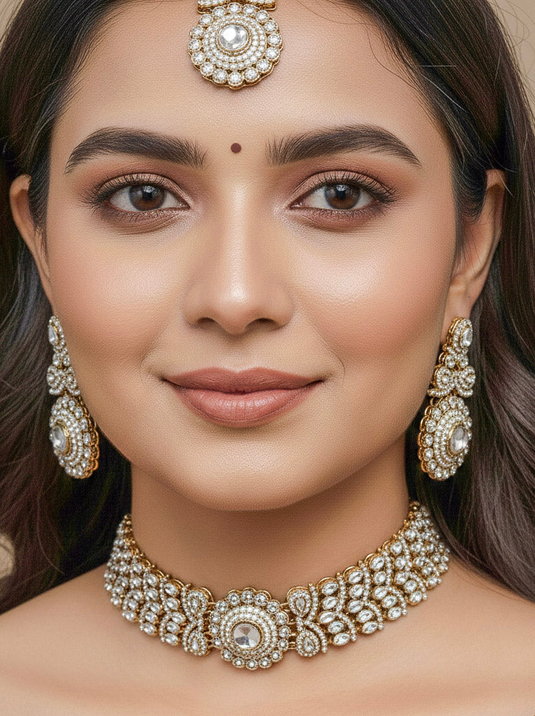 Close-up of a woman wearing an ornate traditional White Diamond gold Polish Choker jewellery set and earrings and maangtikka with American Diamond. A woman wearing a luxury American diamond necklace set styled beautifully for a wedding guest look in India. Mehendi function outfit styled with a lightweight American Diamond Necklace.