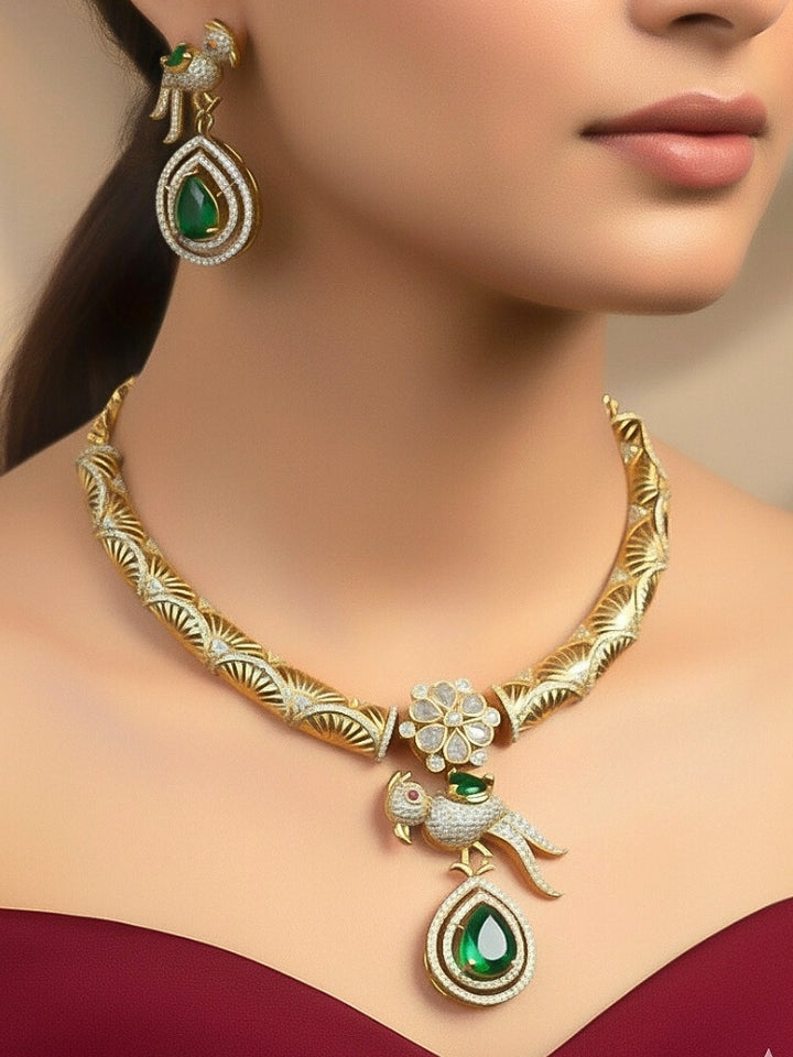 "A beautiful woman wearing an elegant artificial diamond and green colored stone hasli necklace and matching earrings. This premium artificial diamond jewelry set is perfect for special occasions, from Indian weddings to engagement parties, offering sophisticated glamour without the high price tag."