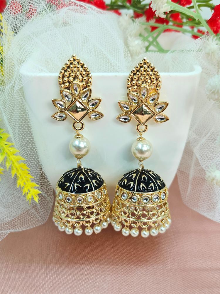  Kritika Black Earrings—large gold jhumkas featuring green meenakari work, pearl accents, kundan detailing, and a delicate floral motif. 