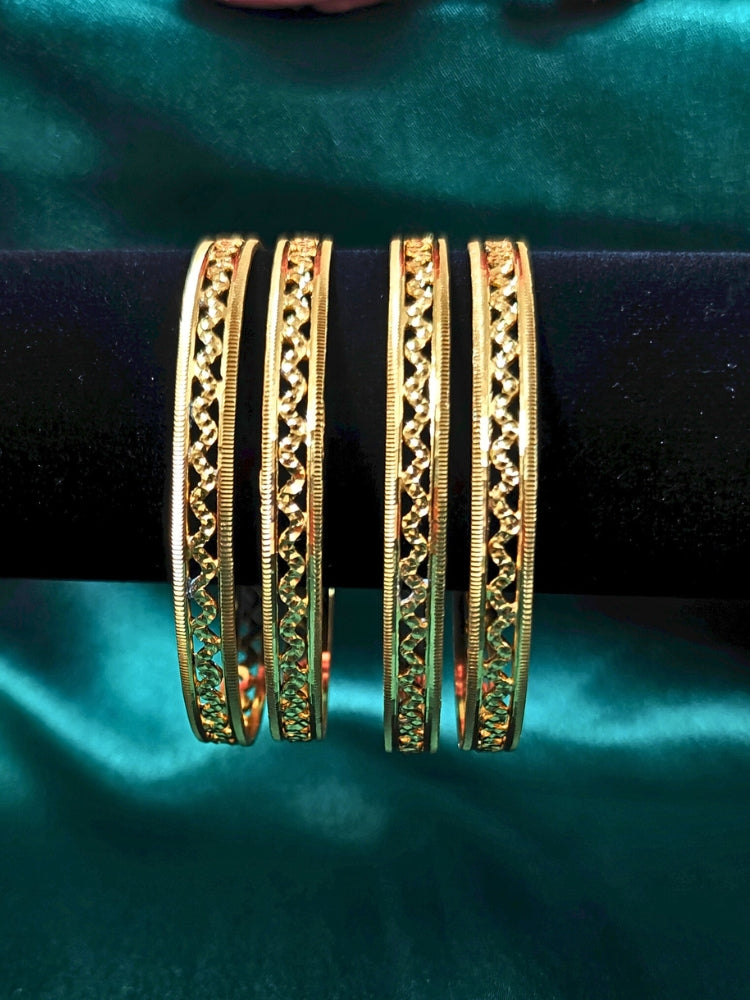 Close-up of an ornate traditional (Gold Polish) Bangles Set. It’s comfortable and lightweight enough for everyday wear, and it also looks absolutely beautiful and elegant. The design is stylish, the finish is impressive, and it feels really pleasant to wear all day.