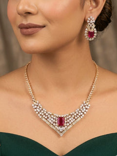 Close-up of a woman wearing an ornate Western (Silver Polish) Pink Collar jewellery set and earrings with Pink Colored Stone and American Diamond. Woman styling a statement American diamond necklace with an off-shoulder gown for a reception. Party wear outfit completed with a lightweight American diamond necklace.