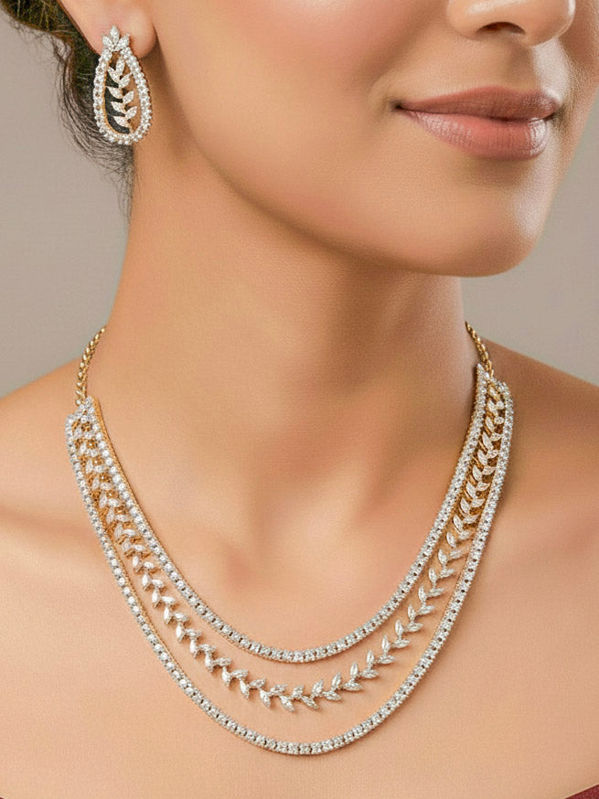 "A woman in a traditional saree, wearing a gorgeous artificial diamond necklace paired with diamond earrings. This artificial diamond jewelry set offers a traditional yet modern touch for Indian brides, designed to add elegance and sophistication to any occasion."
